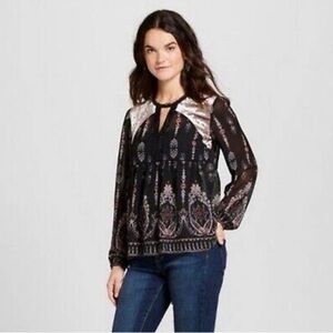 Knox Rose Boho Fairycore Goth Velvet Detail Peasant Blouse Black Pink Sheer Sz L